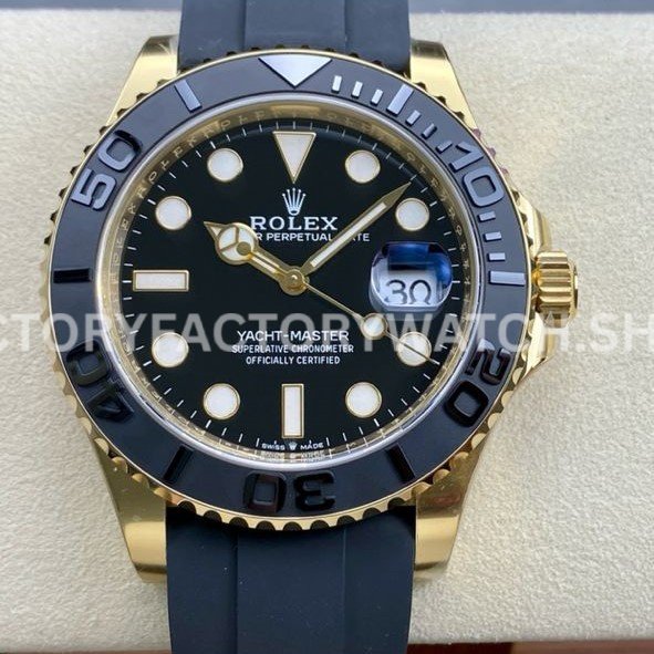 Clean Factory Rolex Yacht-Master 226658-0001 42mm Yellow Gold Oysterflex Black Dial (3) Clean Factory Yacht-Master 226658 replica with yellow gold tone and Oysterflex strap. 42mm bold sport luxury design.