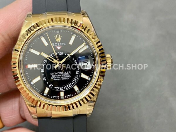 Noob Factory Rolex Sky-Dweller 336238-0002 42mm Yellow Gold Oysterflex Black Dial (4) Rolex Sky-Dweller 336238 replica watch front view