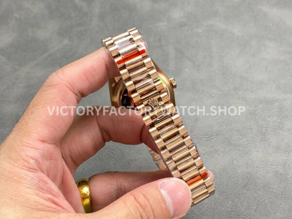 QF Factory Counterweight Rolex Day-Date 128235-0037 36mm Full Rose Gold Diamo (3) QF Factory Counterweight Rolex Day-Date 128235-0037 36mm Full Rose Gold Diamond Mope Baguette Diamond Brown Dial