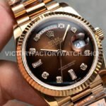 QF Factory Counterweight Rolex Day-Date 128235-0037 36mm Full Rose Gold Diamo (4) QF Factory Counterweight Rolex Day-Date 128235-0037 36mm Full Rose Gold Diamond Mope Baguette Diamond Brown Dial