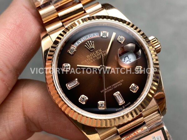 QF Factory Counterweight Rolex Day-Date 128235-0037 36mm Full Rose Gold Diamo (4) QF Factory Counterweight Rolex Day-Date 128235-0037 36mm Full Rose Gold Diamond Mope Baguette Diamond Brown Dial