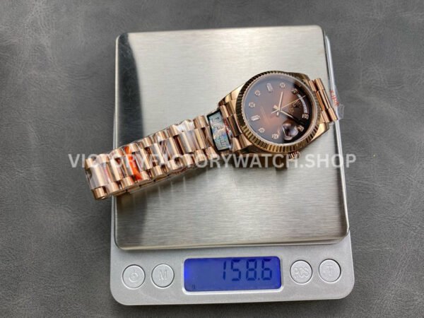 QF Factory Counterweight Rolex Day-Date 128235-0037 36mm Full Rose Gold Diamo QF Factory Counterweight Rolex Day-Date 128235-0037 36mm Full Rose Gold Diamond Mope Baguette Diamond Brown Dial