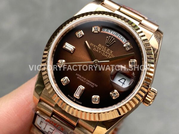 QF Factory Counterweight Rolex Day-Date 128235-0037 36mm Full Rose Gold Diamo (8) QF Factory Counterweight Rolex Day-Date 128235-0037 36mm Full Rose Gold Diamond Mope Baguette Diamond Brown Dial