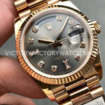 QF Factory Counterweight Rolex Day-Date 128235-0051 36mm Full Rose Gold Diamond Mop Baguette Diamond Grey Dial