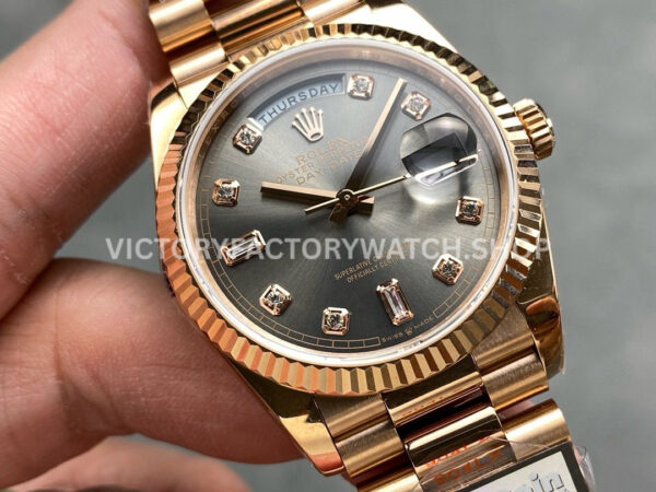 QF Factory Counterweight Rolex Day-Date 128235-0051 36mm Full Rose Gold Diamond Mop Baguette Diamond Grey Dial