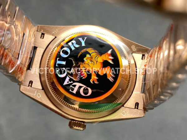 QF Factory Counterweight Rolex Day-Date 128235-0051 36mm Full Rose Gold Diamond Mop Baguette Diamond Grey Dial