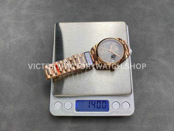 QF Factory Counterweight Rolex Day-Date 128235-0051 36mm Full Rose Gold Diamond Mop Baguette Diamond Grey Dial