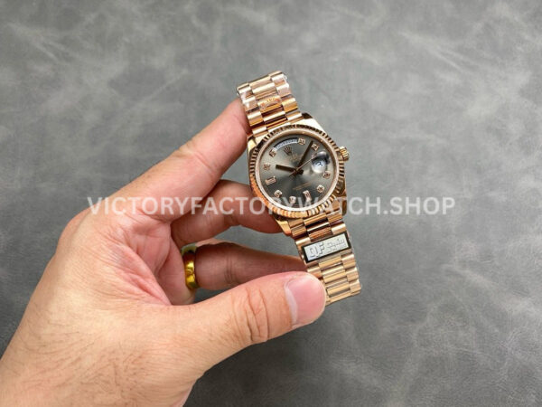 QF Factory Counterweight Rolex Day-Date 128235-0051 36mm Full Rose Gold Diamond Mop Baguette Diamond Grey Dial