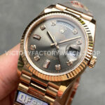 QF Factory Counterweight Rolex Day-Date 128235-0051 36mm Full Rose Gold Diamond Mop Baguette Diamond Grey Dial