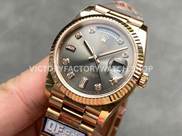 QF Factory Counterweight Rolex Day-Date 128235-0051 36mm Full Rose Gold Diamond Mop Baguette Diamond Grey Dial
