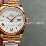 QF Factory Counterweight Rolex Day-Date 128235-0052 36mm Full Rose Gold Roman Numerals White (8) QF Factory Day-Date rose gold super clone