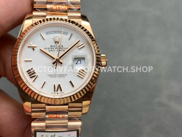 QF Factory Counterweight Rolex Day-Date 128235-0052 36mm Full Rose Gold Roman Numerals White (8) QF Factory Day-Date rose gold super clone