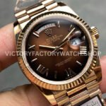 QF Factory Counterweight Rolex Day-Date 128235-0075 36mm Full Rose Gold Roman Numerals Brown Dial