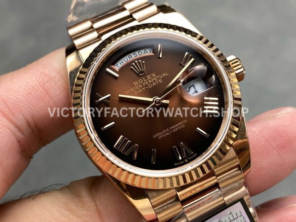QF Factory Counterweight Rolex Day-Date 128235-0075 36mm Full Rose Gold Roman Numerals Brown Dial