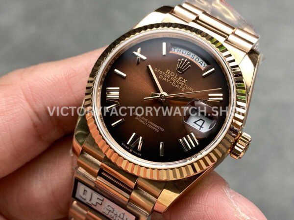 QF Factory Counterweight Rolex Day-Date 128235-0075 36mm Full Rose Gold Roman Numerals Brown Dial