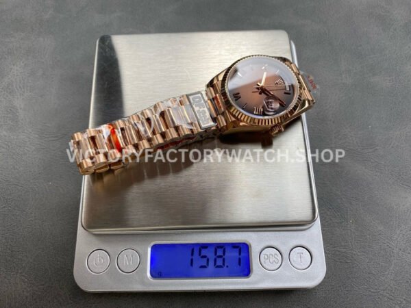 QF Factory Counterweight Rolex Day-Date 128235-0075 36mm Full Rose Gold Roman Numerals Brown Dial