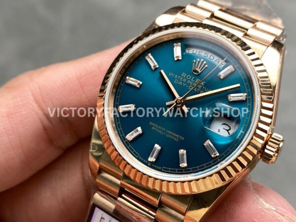 QF Factory Counterweight Rolex Day-Date 128235-0085 36mm Full Rose Gold Baguette Diam (3) QF Factory Counterweight Rolex Day-Date 128235-0085 36mm Full Rose Gold Baguette Diamonds Dark Blue Dial