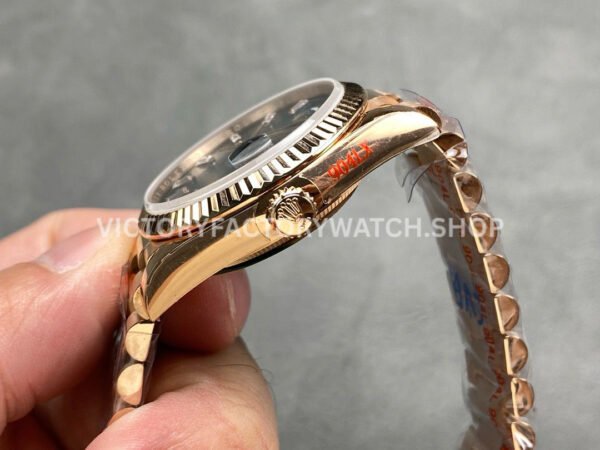 QF Factory Counterweight Rolex Day-Date 128235-0085 36mm Full Rose Gold Baguette Diam (4) QF Factory Counterweight Rolex Day-Date 128235-0085 36mm Full Rose Gold Baguette Diamonds Dark Blue Dial