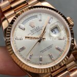 QF Factory Counterweight Rolex Day-Date 128235-0087 36mm Full Rose Gold Baguette Diamond QF Factory Counterweight Rolex Day-Date 128235-0087 36mm Full Rose Gold Baguette Diamond Silver Dial