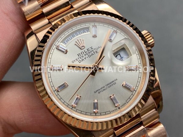 QF Factory Counterweight Rolex Day-Date 128235-0087 36mm Full Rose Gold Baguette Diamond QF Factory Counterweight Rolex Day-Date 128235-0087 36mm Full Rose Gold Baguette Diamond Silver Dial
