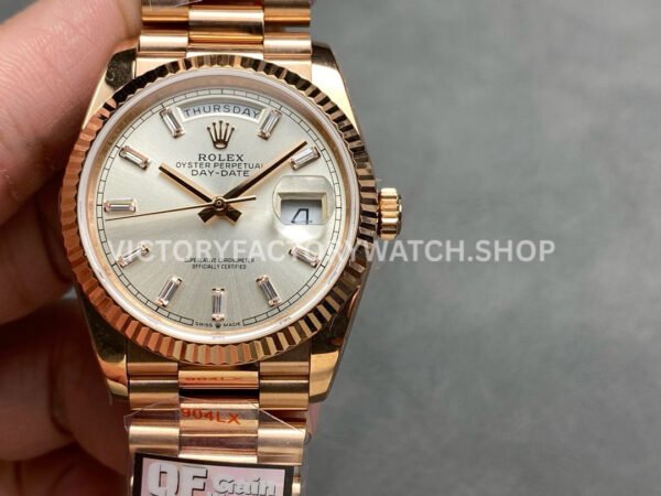 QF Factory Counterweight Rolex Day-Date 128235-0087 36mm Full Rose Gold Baguette Diamond (3) Rolex Day-Date high end replica watch