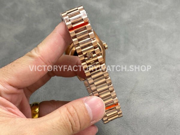 QF Factory Counterweight Rolex Day-Date 128235-0087 36mm Full Rose Gold Baguette Diamond (4) QF Factory Counterweight Rolex Day-Date 128235-0087 36mm Full Rose Gold Baguette Diamond Silver Dial