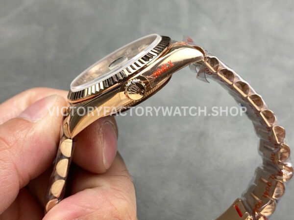 QF Factory Counterweight Rolex Day-Date 128235-0087 36mm Full Rose Gold Baguette Diamond (5) QF Factory Counterweight Rolex Day-Date 128235-0087 36mm Full Rose Gold Baguette Diamond Silver Dial