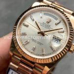 QF Factory Counterweight Rolex Day-Date 128235-0087 36mm Full Rose Gold Baguette Diamond (6) QF Factory Counterweight Rolex Day-Date 128235-0087 36mm Full Rose Gold Baguette Diamond Silver Dial