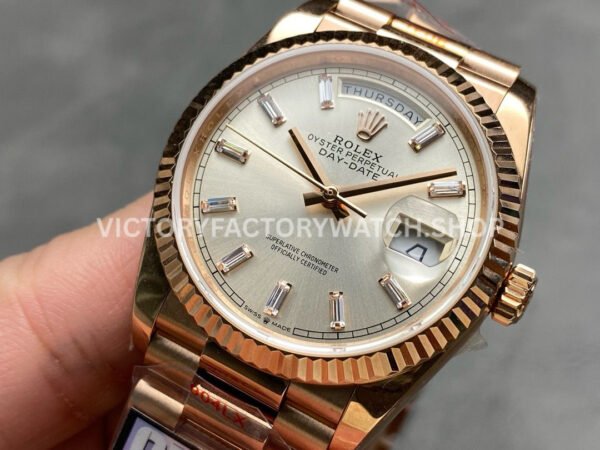 QF Factory Counterweight Rolex Day-Date 128235-0087 36mm Full Rose Gold Baguette Diamond (6) QF Factory Counterweight Rolex Day-Date 128235-0087 36mm Full Rose Gold Baguette Diamond Silver Dial