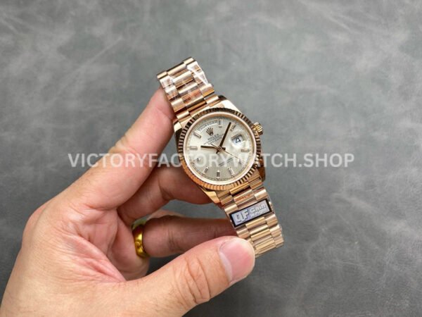 QF Factory Counterweight Rolex Day-Date 128235-0087 36mm Full Rose Gold Baguette Diamond (7) QF Factory Counterweight Rolex Day-Date 128235-0087 36mm Full Rose Gold Baguette Diamond Silver Dial
