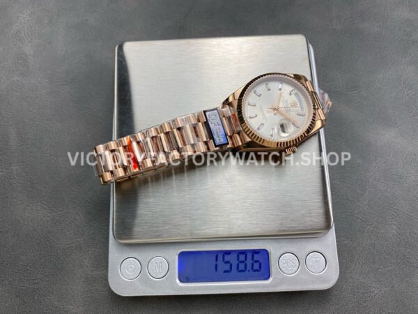 QF Factory Counterweight Rolex Day-Date 128235-0087 36mm Full Rose Gold Baguette Diamond Si (1) QF Factory Counterweight Rolex Day-Date 128235-0087 36mm Full Rose Gold Baguette Diamond Silver Dial