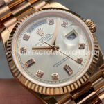 QF Factory Counterweight Rolex Day-Date 128235 36mm Full Rose Gold Diamond Mop Baguette Diamond Silver Dial