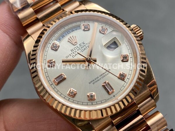 QF Factory Counterweight Rolex Day-Date 128235 36mm Full Rose Gold Diamond Mop Baguette Diamond Silver Dial