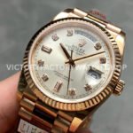 QF Factory Counterweight Rolex Day-Date 128235 36mm Full Rose Gold Diamond Mop Baguette Diamond Silver Dial