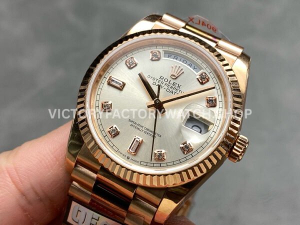 QF Factory Counterweight Rolex Day-Date 128235 36mm Full Rose Gold Diamond Mop Baguette Diamond Silver Dial
