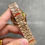 QF Factory Counterweight Rolex Day-Date 128235 36mm Full Rose Gold Diamond Mop Baguette Diamond Silver Dial