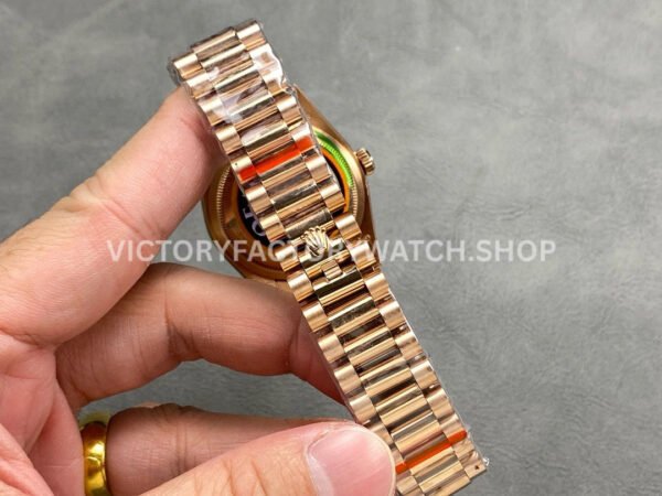 QF Factory Counterweight Rolex Day-Date 128235 36mm Full Rose Gold Diamond Mop Baguette Diamond Silver Dial