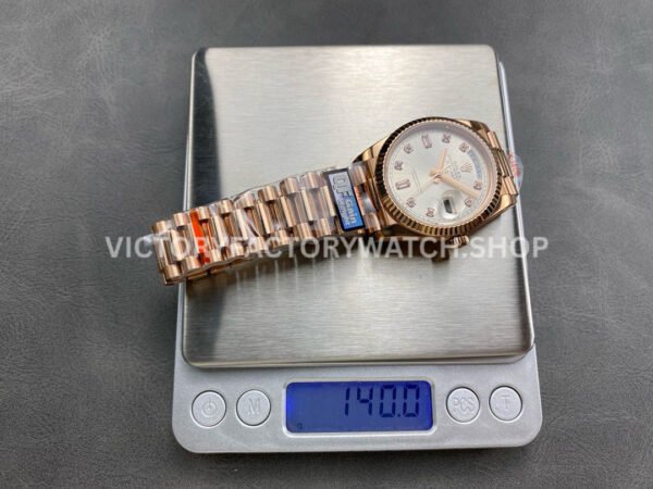 QF Factory Counterweight Rolex Day-Date 128235 36mm Full Rose Gold Diamond Mop Baguette Diamond Silver Dial