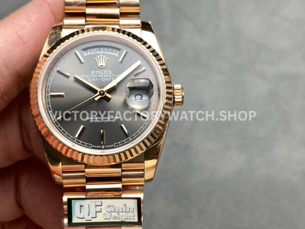 QF Factory Counterweight Rolex Day-Date 128235 36mm Full Rose Gold Grey Dial (8) QF Factory Day-Date rose gold replica