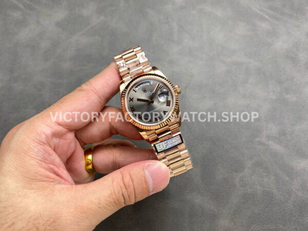 QF Factory Counterweight Rolex Day-Date 128235 36mm Full Rose Gold Roman Numerals Grey Dial