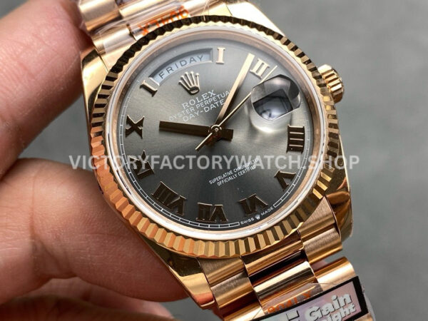 QF Factory Counterweight Rolex Day-Date 128235 36mm Full Rose Gold Roman Numerals Grey Dial