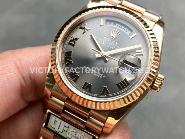 QF Factory Counterweight Rolex Day-Date 128235 36mm Full Rose Gold Roman Numerals Grey Dial