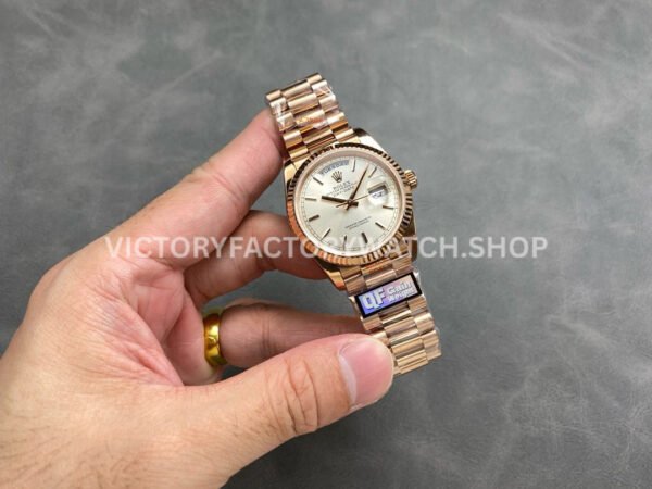 QF Factory Counterweight Rolex Day-Date 128235 36mm Full Rose Gold Silver Dial