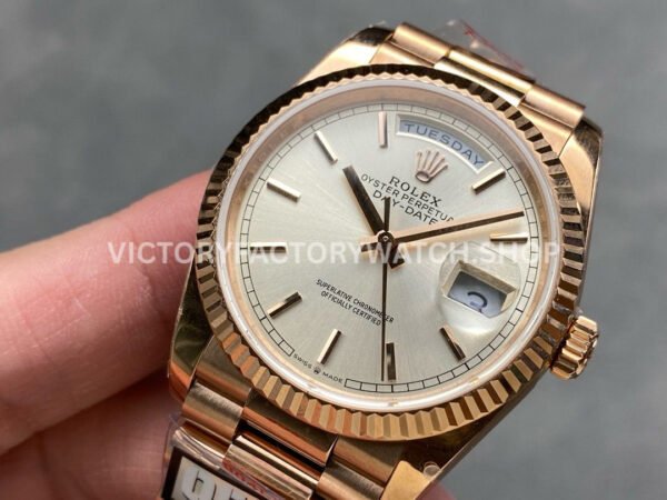 QF Factory Counterweight Rolex Day-Date 128235 36mm Full Rose Gold Silver Dial