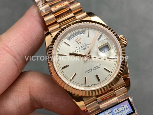 QF Factory Counterweight Rolex Day-Date 128235 36mm Full Rose Gold Silver Dial