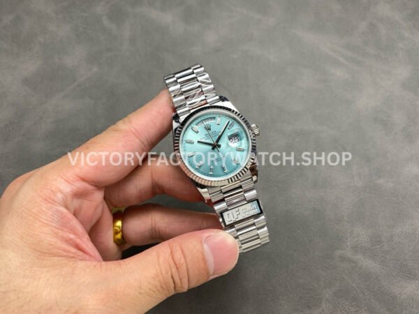QF Factory Counterweight Rolex Day-Date 128236-0009 36mm Full 904L Baguette Diamond Ice Blue Dial