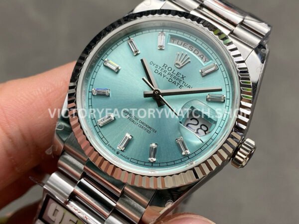 QF Factory Counterweight Rolex Day-Date 128236-0009 36mm Full 904L Baguette Diamond Ice Blue Dial