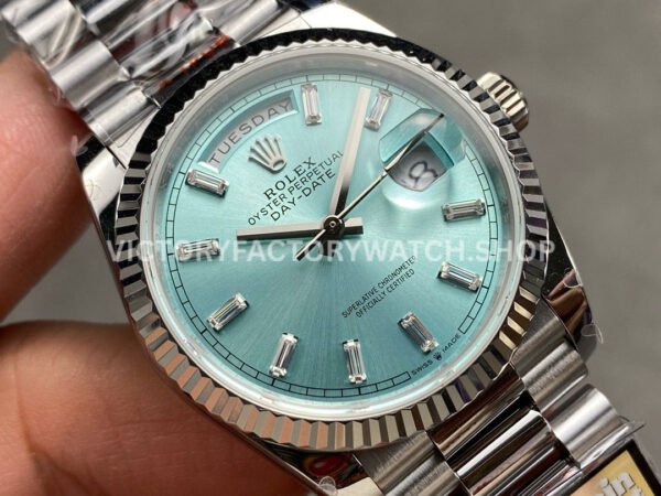 QF Factory Counterweight Rolex Day-Date 128236-0009 36mm Full 904L Baguette Diamond Ice Blue Dial