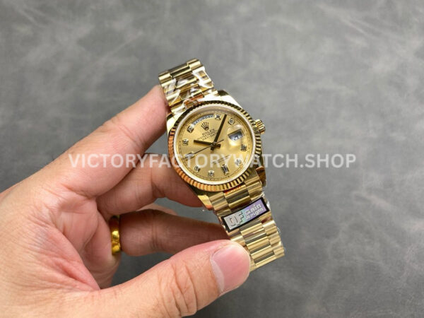 QF Factory Counterweight Rolex Day-Date 128238-0008 36mm Full Yellow Gold Diamond Mope Baguette Diamond Gold Dial