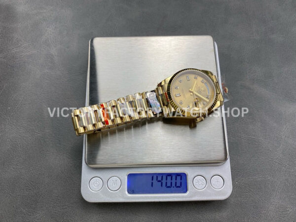 QF Factory Counterweight Rolex Day-Date 128238-0008 36mm Full Yellow Gold Diamond Mope Baguette Diamond Gold Dial